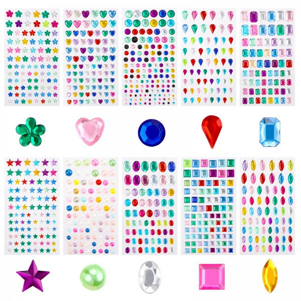 Gartful 840PCS Gems Rhinestone Stickers, 10 Sheets Colorful Self Adhesive Jewel Sticker Bling Diamond Crystal for Art&Craft Project, Makeup, Nails, Scrapbooking Embellishment, 10 Shapes &Assorted Size
