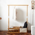 Gartful Coatstands Rack Storage Bench Heavy Duty Bamboo Clothes Rack with 2 Tier Shoe Shelves and Laundry Basket Commercial Hanger Drying Racks